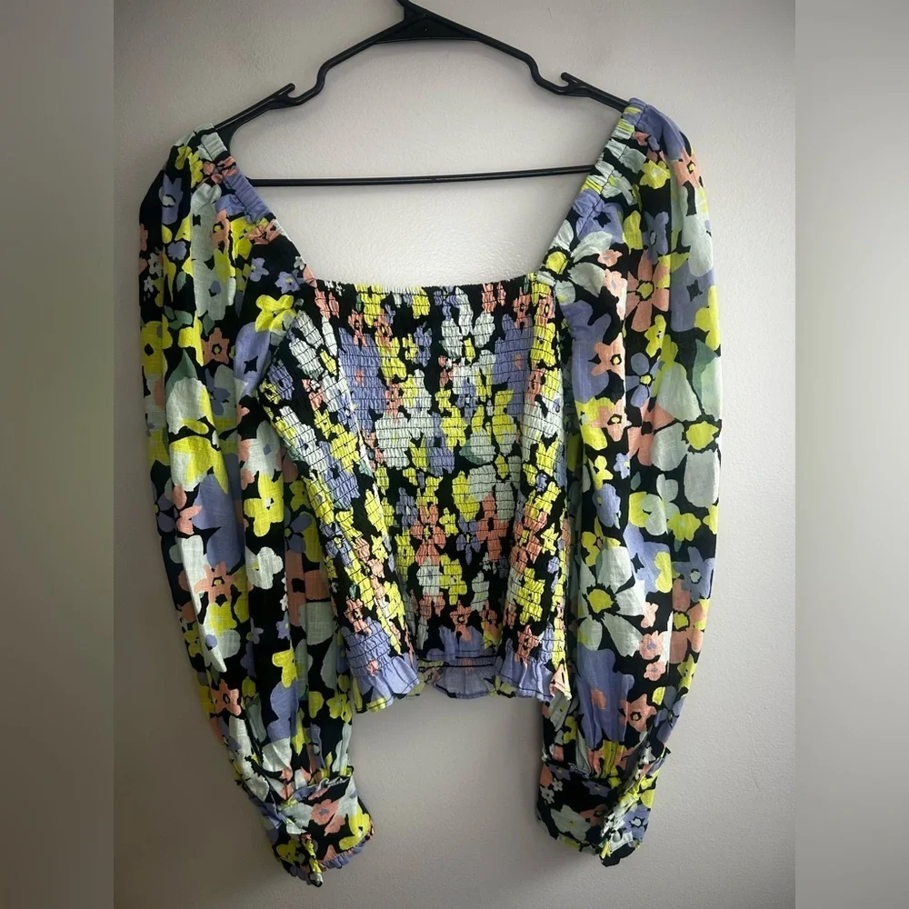 Free People Ariana Floral Retro Combo Balloon Sleeve Smocked Blouse Size Large